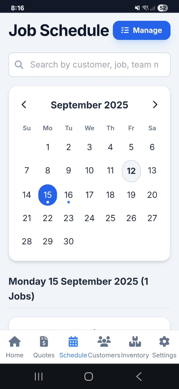 Team member job schedule view